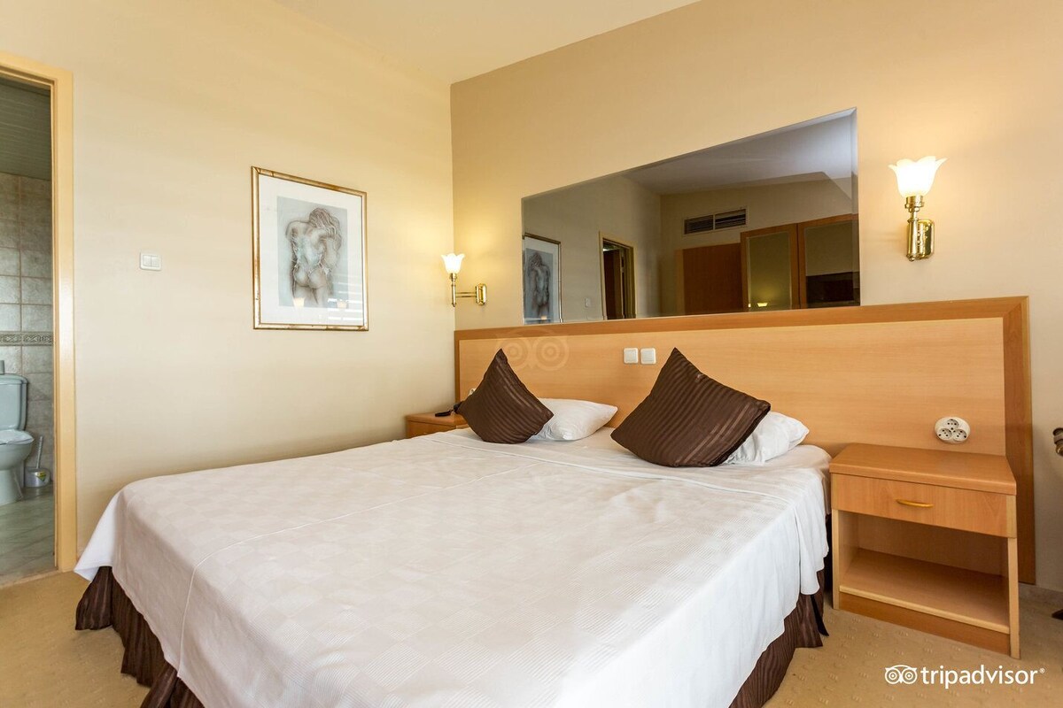 Habitación de hotel con una cama grande, cabecera de madera, mesita de noche, espejo y una obra de arte enmarcada en la pared.