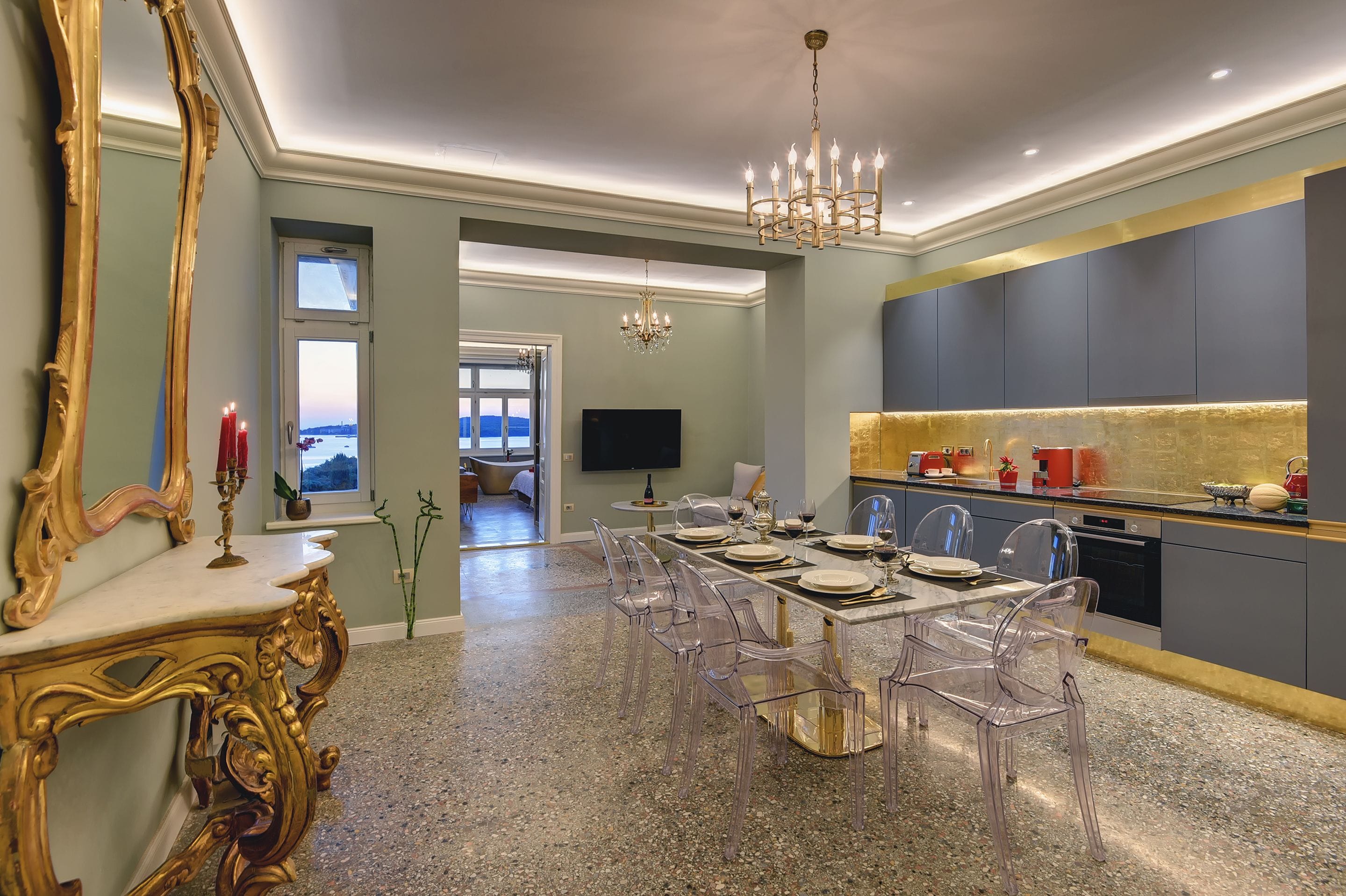 Luxury Apartment | Private kitchen | Fridge, microwave, oven, stovetop