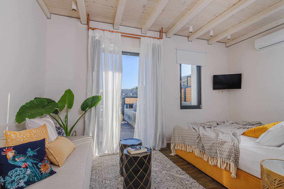 Una habitación con una cama, televisión, ventana con cortinas y vista a edificios.