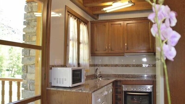 Cocina compacta con armarios de madera, lavadora, microondas y horno.