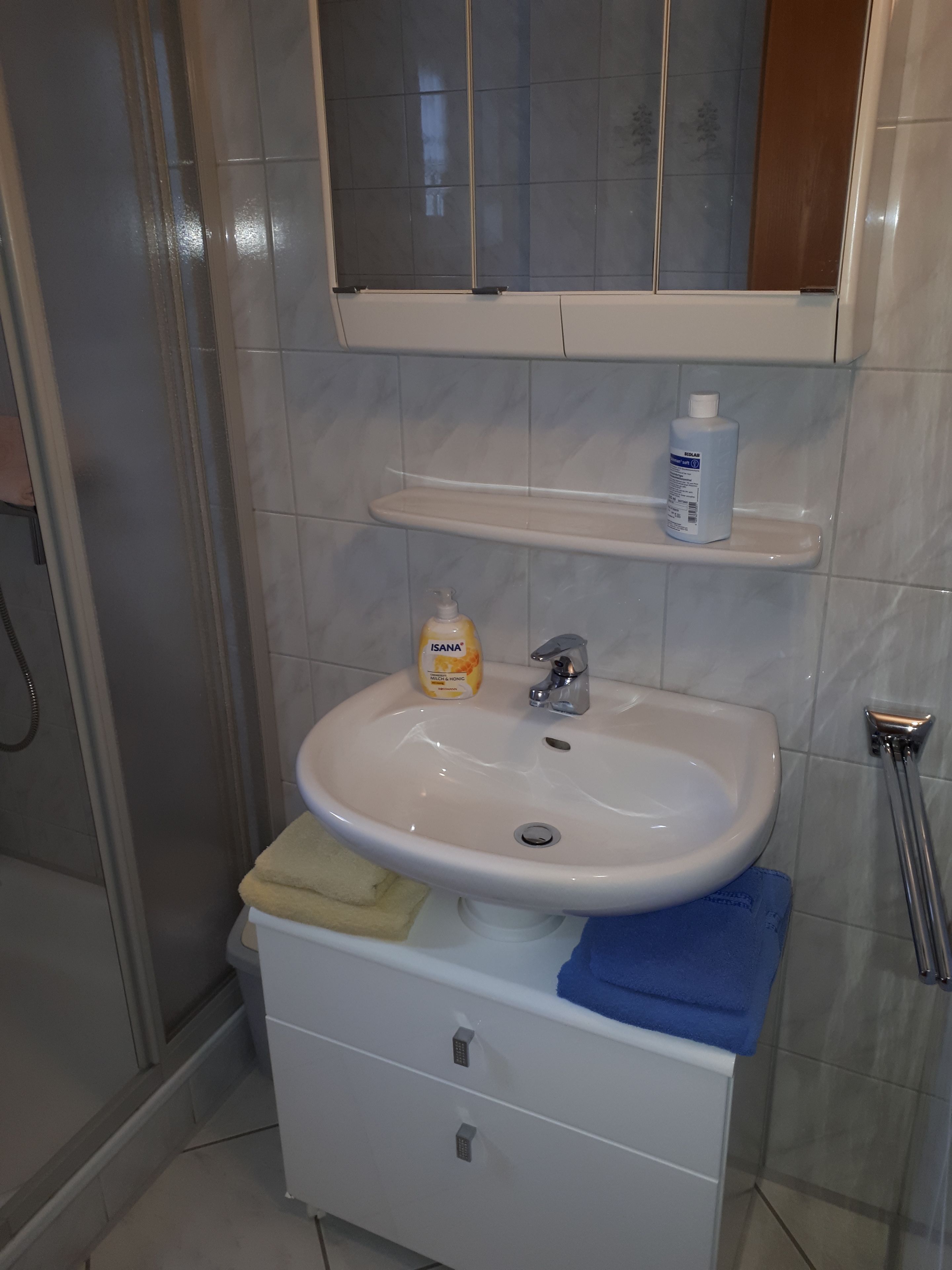 A bathroom with a white sink, a mirror above it, and a shower area to the left.