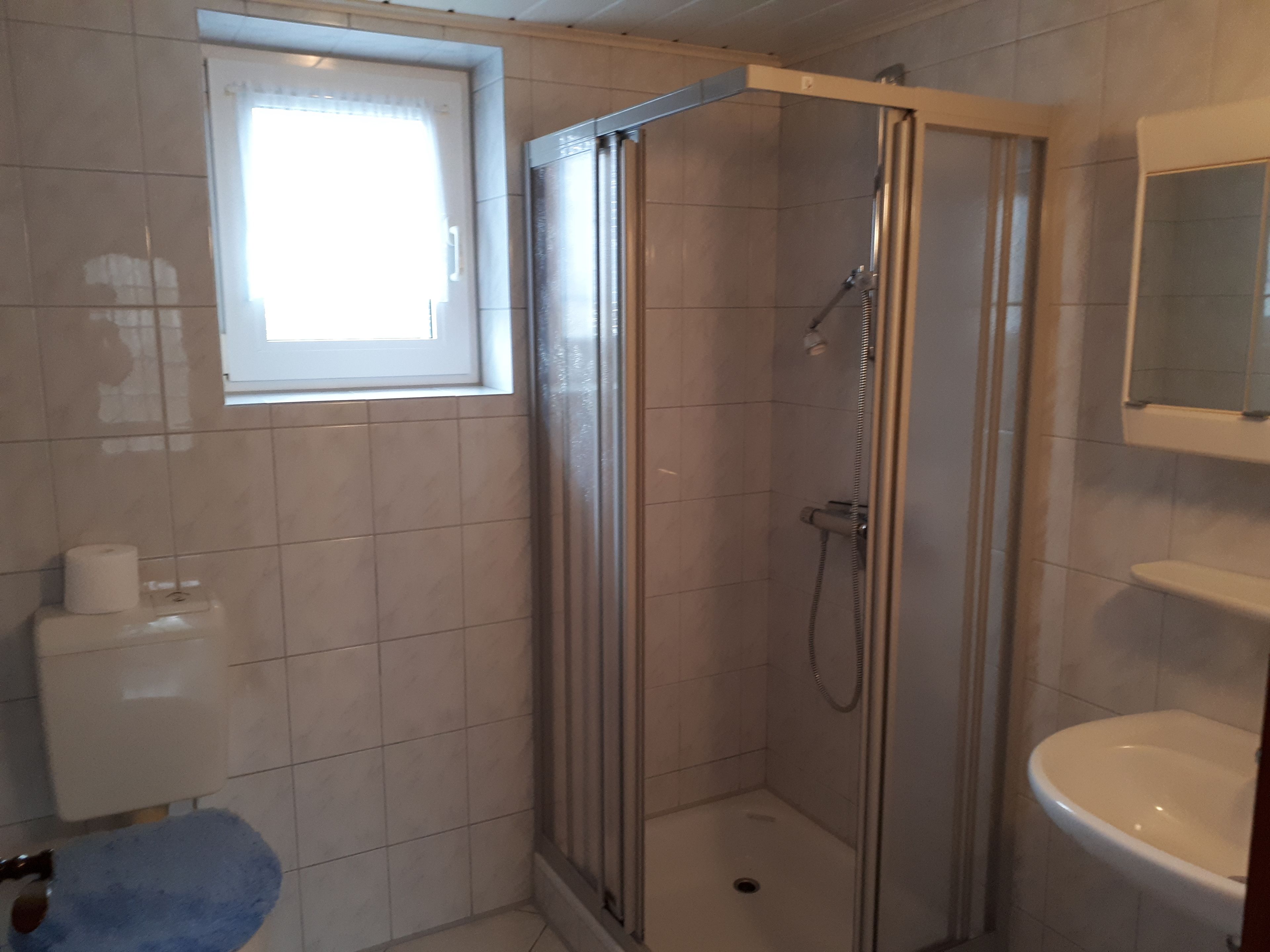 Une petite salle de bain avec une douche, des toilettes et un lavabo.
