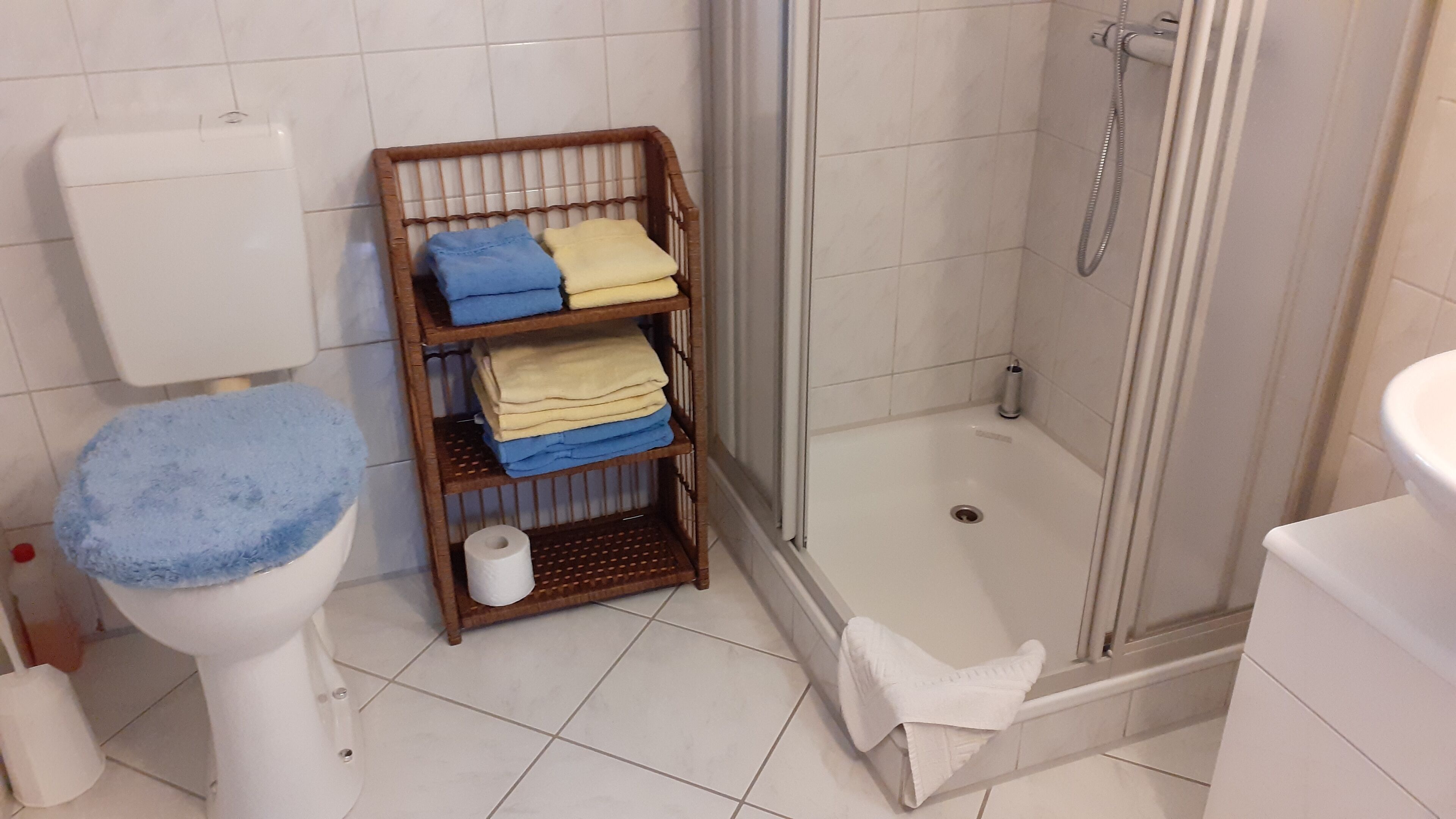 Ein Badezimmer mit Toilette, einer Duschkabine und einem Ablagefach mit gefalteten Handtüchern.
