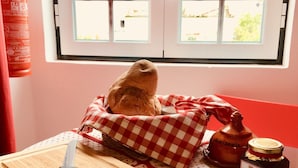 A kitchen with a window, a cutting board, a knife, a checkered cloth, a jar of honey, and a fire extinguisher.