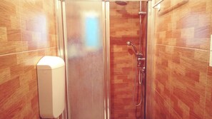 Shower, hair dryer, shampoo