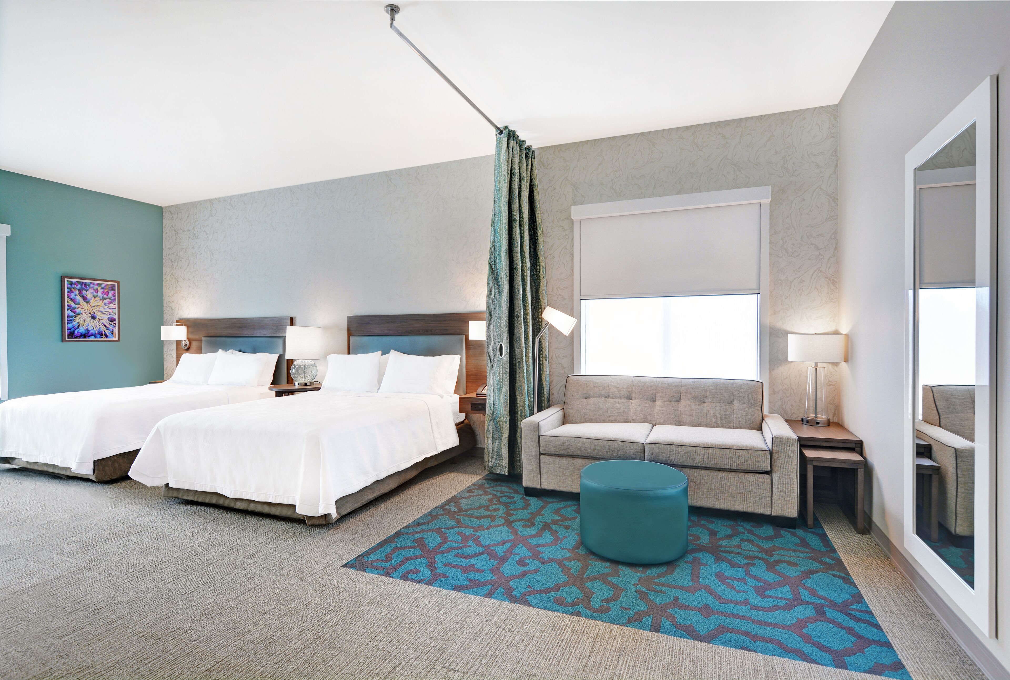 premium bedding, desk, laptop workspace, blackout curtains