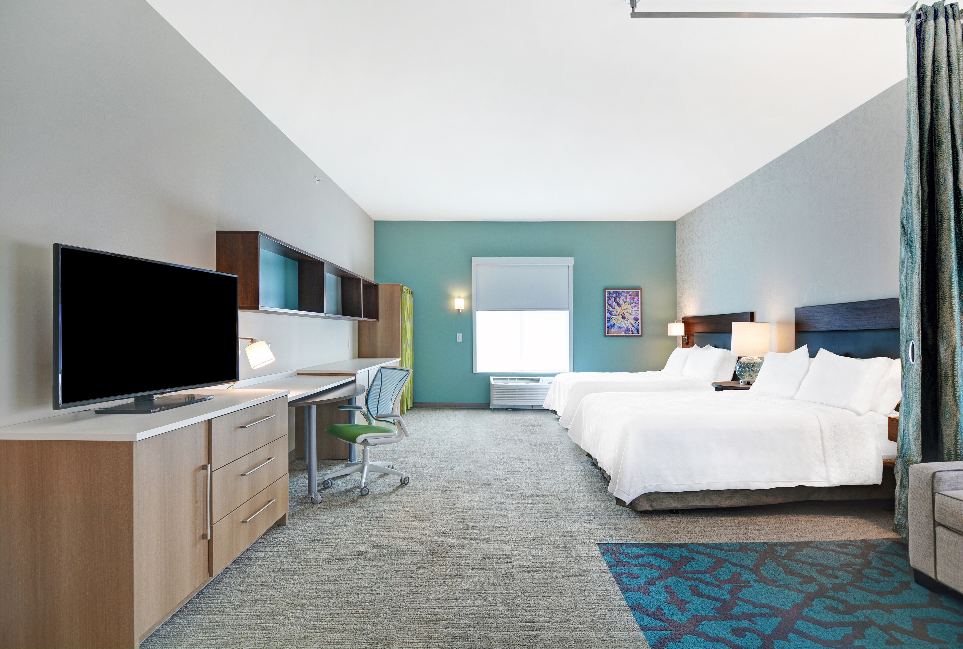 premium bedding, desk, laptop workspace, blackout curtains