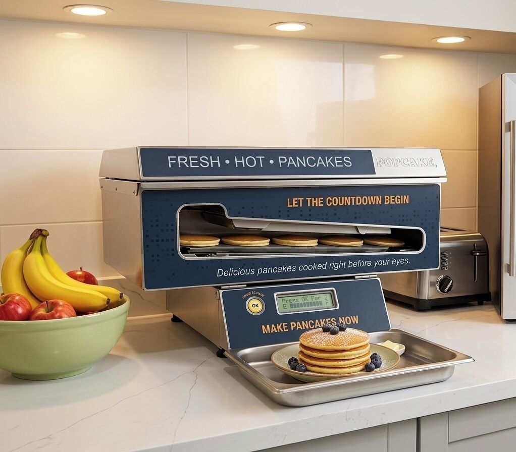 Une cuisine équipée d’une machine à préparer des crêpes chaudes, d’un saladier rempli de fruits et d’un plateau de crêpes.