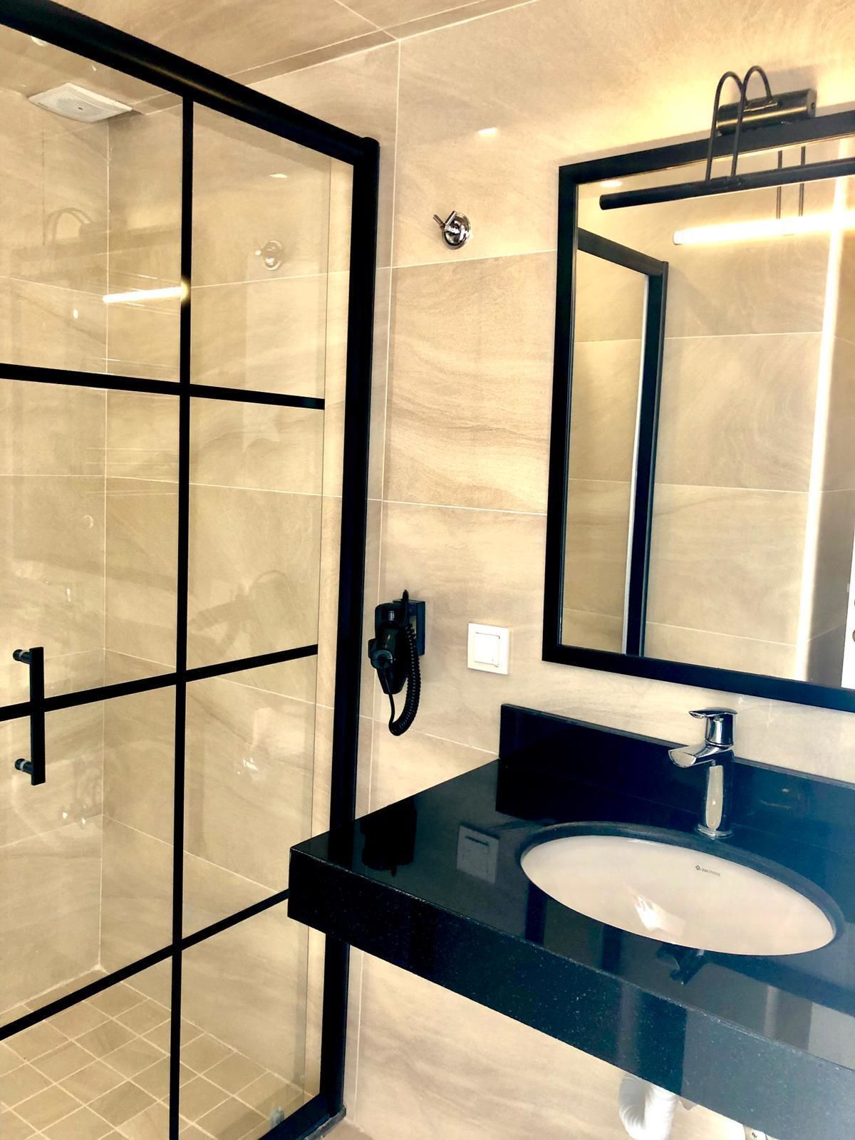 shower, slippers, towels