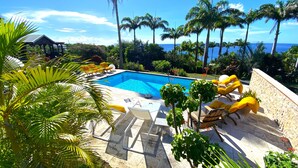 A swimming pool with lounge chairs and palm trees, surrounded by a garden and a view of the ocean. - Between luxury and authenticity.  Beautiful sea view property, 100m from the beach. (Deshaies)