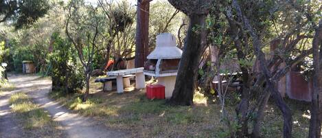 Un espace extérieur rustique avec un sentier de terre, une table de pique-nique et un petit abri.