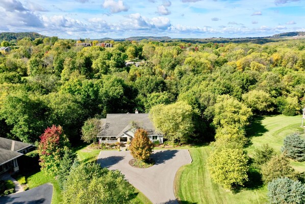 Un quartier résidentiel où se trouve une maison entourée d’une végétation luxuriante et dotée d’une pelouse bien entretenue.