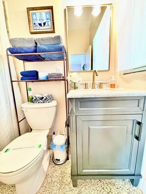 Une salle de bain comprenant des toilettes, un lavabo avec un miroir, un porte-serviettes avec des serviettes et un tableau encadré au mur.
