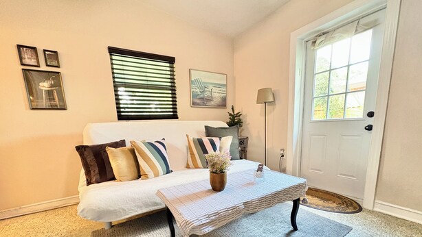 Un salon avec un canapé, une table basse, une porte et une fenêtre avec des stores.