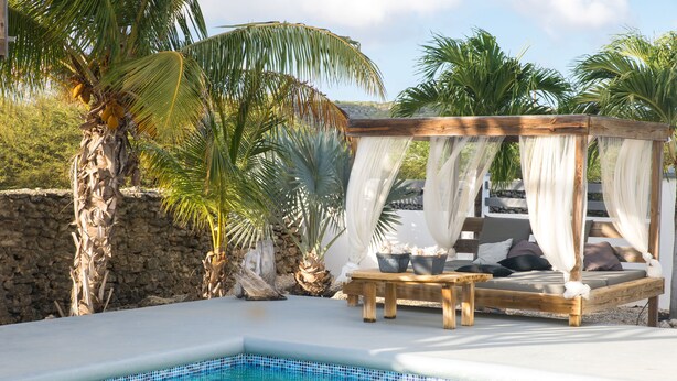 A poolside area with a wooden canopy bed, a stone wall, and palm trees. - Hakuna Matata Bonaire (Kralendijk)