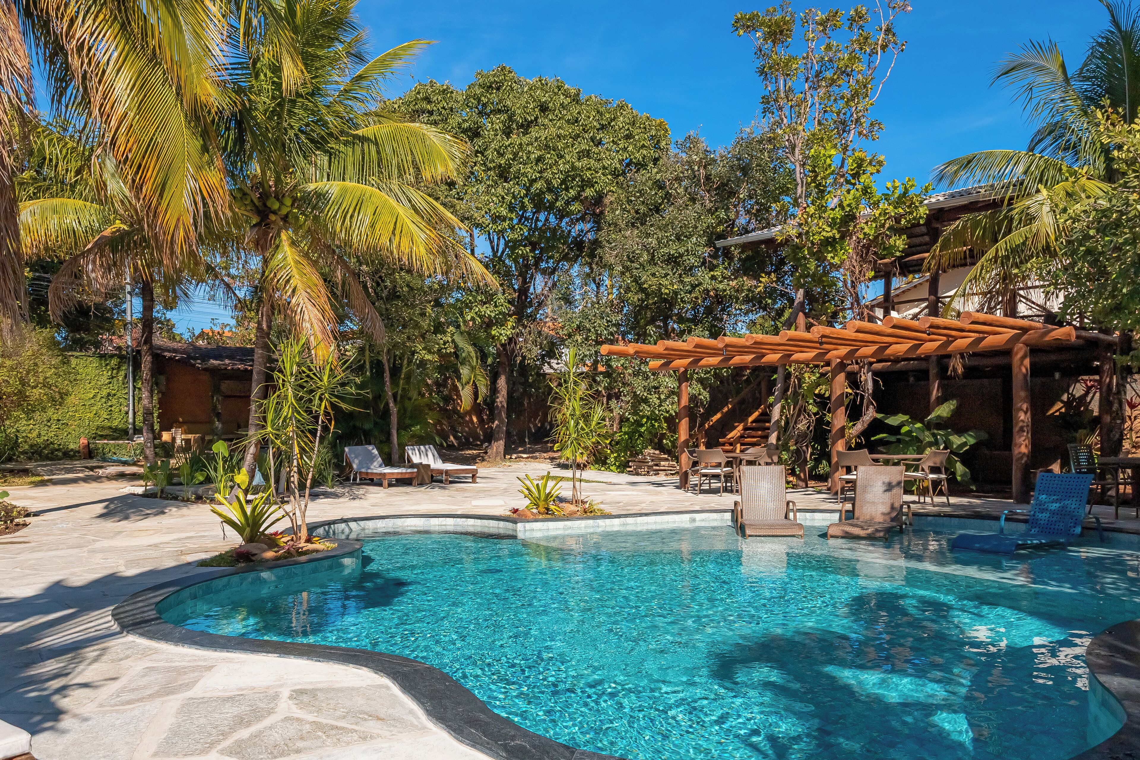 A swimming pool with lounge chairs and a pergola, surrounded by palm trees and greenery.
