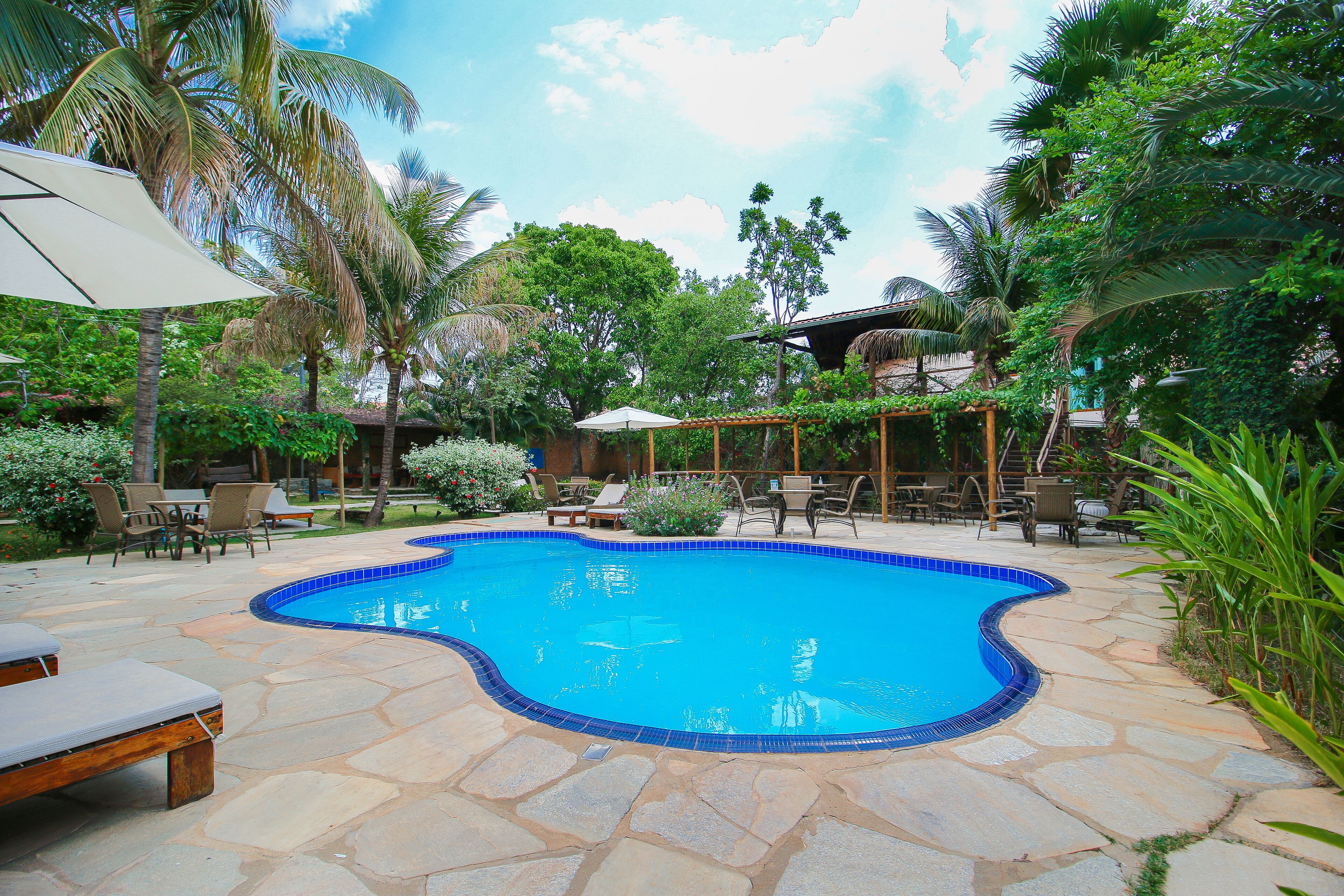 A swimming pool with stone tiles, surrounded by lounge chairs and umbrellas, with palm trees and greenery in the background.