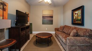 42-inch TV with cable channels, MP3 dock