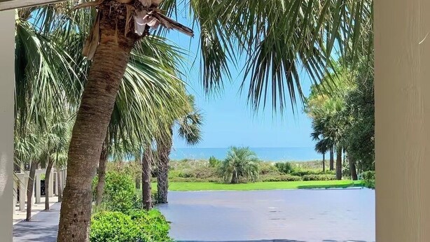 A view from inside a building looking out to a paved area with palm trees and a body of water in the distance. - SeaClusion-Oceanview, Mini split AC, Beach Chairs (Hilton Head Island)