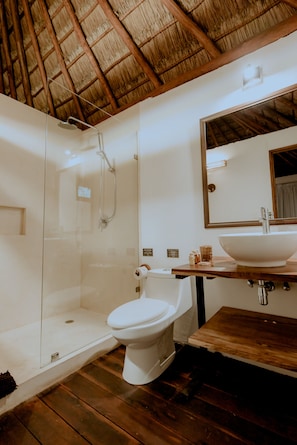 Une salle de bain dotée d’une douche à parois de verre, de toilettes blanches, d’un meuble-lavabo en bois avec un grand évier et d’un miroir au-dessus du meuble-lavabo.