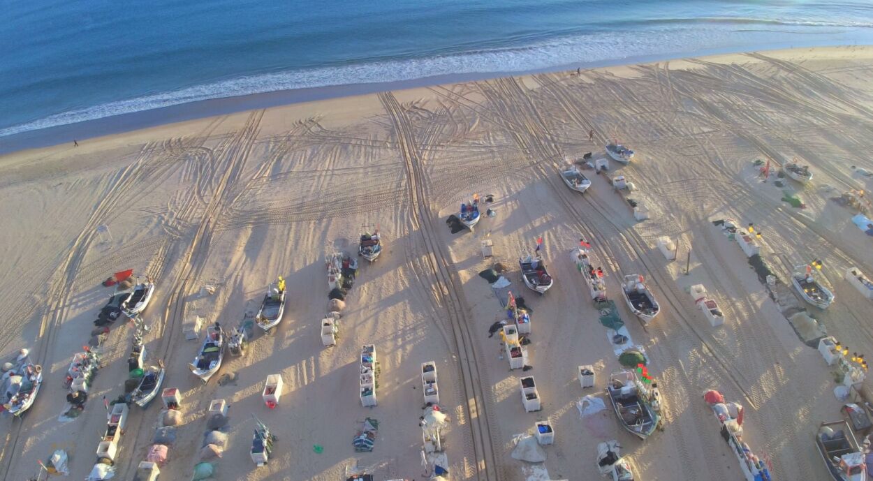 Vista aérea de una playa con numerosos botes pequeños estacionados en filas, lo que sugiere un lugar turístico popular.