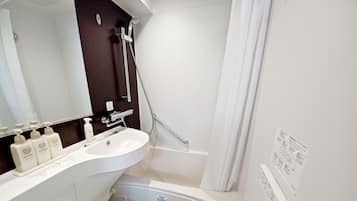 Combined shower/tub, hair dryer, slippers, electronic bidet