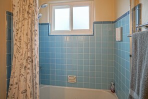 Hair dryer, towels, soap, shampoo