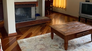 Un salon avec une cheminée, un plancher en bois, un téléviseur et un tapis à motifs.