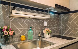 Habitación (203) | Cocina básica privada | Frigorífico, microondas, placa de cocina y hervidor eléctrico