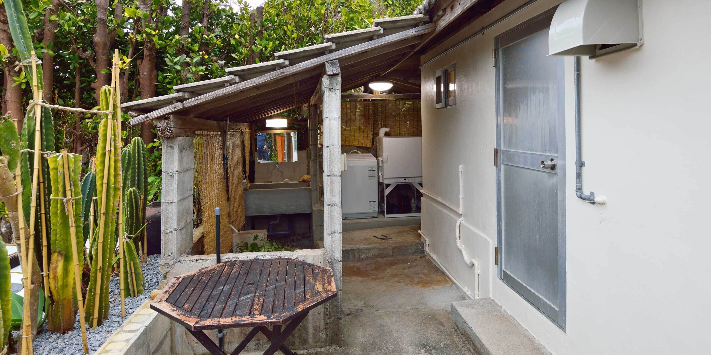 Un espacio exterior pequeño y cerrado con una mesa de madera, piso de concreto y diversas plantas de cactus y bambú.
