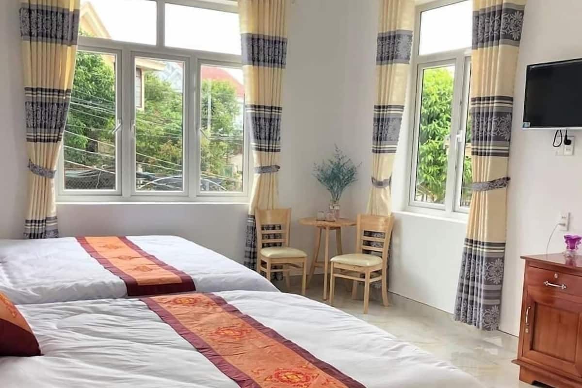Desk, laptop workspace, blackout curtains, iron/ironing board