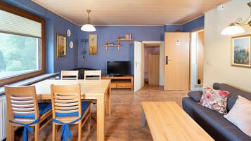 A living room with a sofa, a TV, a dining table with chairs, and a kitchen area with a window.