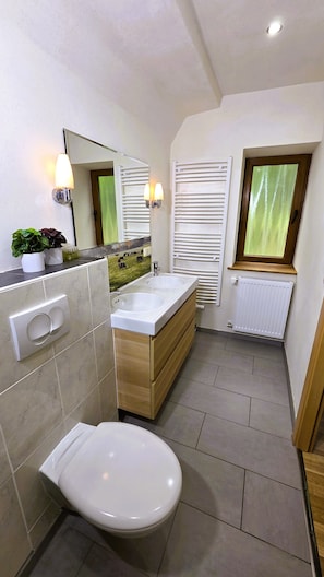 A bathroom with a toilet, two sinks, a mirror, and a window with blinds. - Altes Zollhaus (Ammeldingen an der Our)