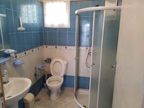 Une salle de bain avec des toilettes, un lavabo et une douche.