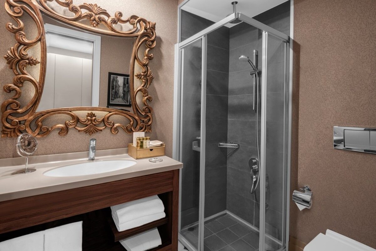 A bathroom with a large ornate mirror, a glass shower enclosure, a white sink, and a toilet.