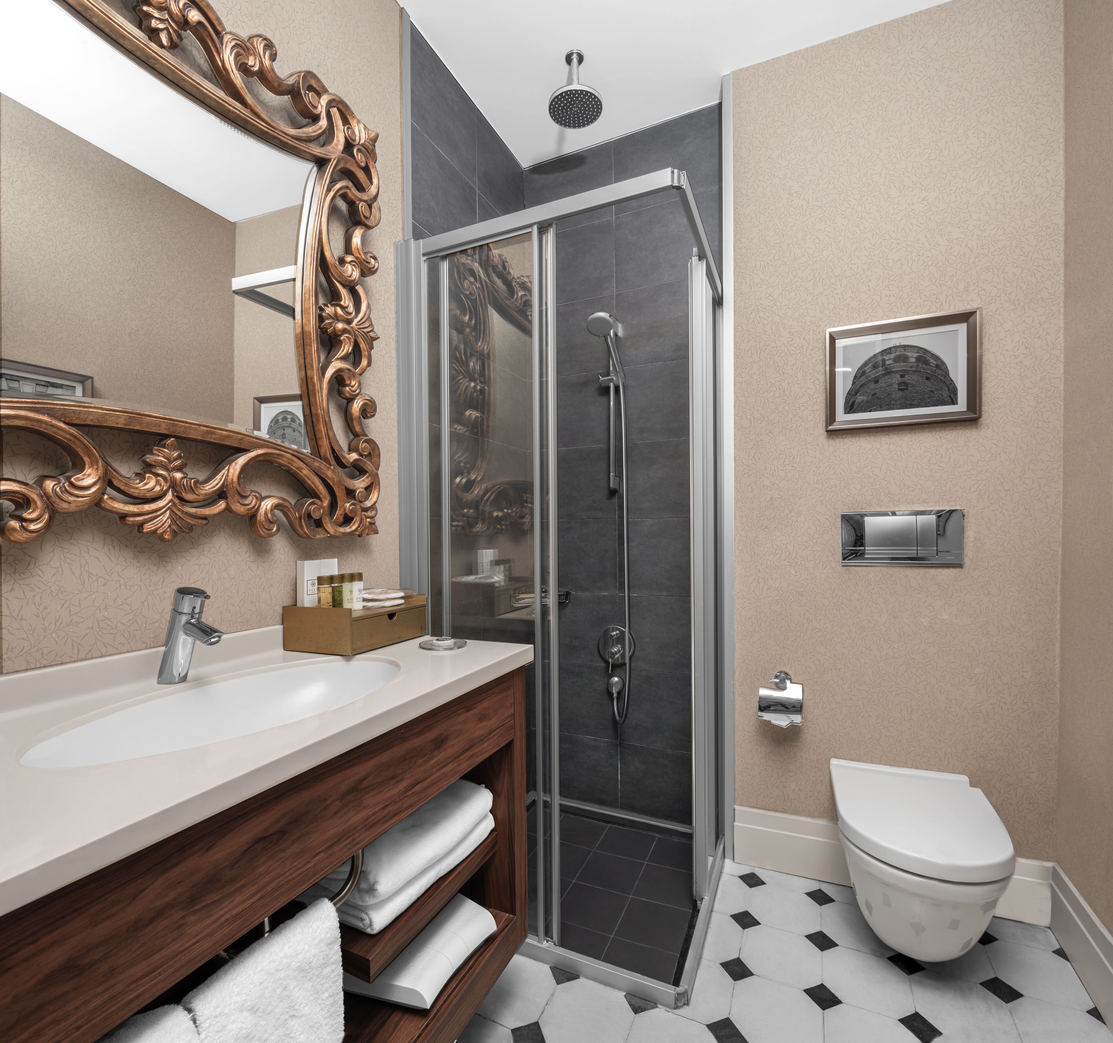 superior french | bathroom | shower, free toiletries, hair dryer, slippers