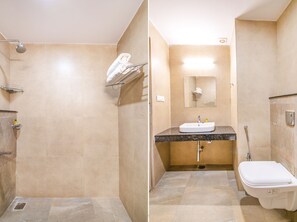 淋浴设施、大花洒淋浴喷头、免费洗浴用品、毛巾