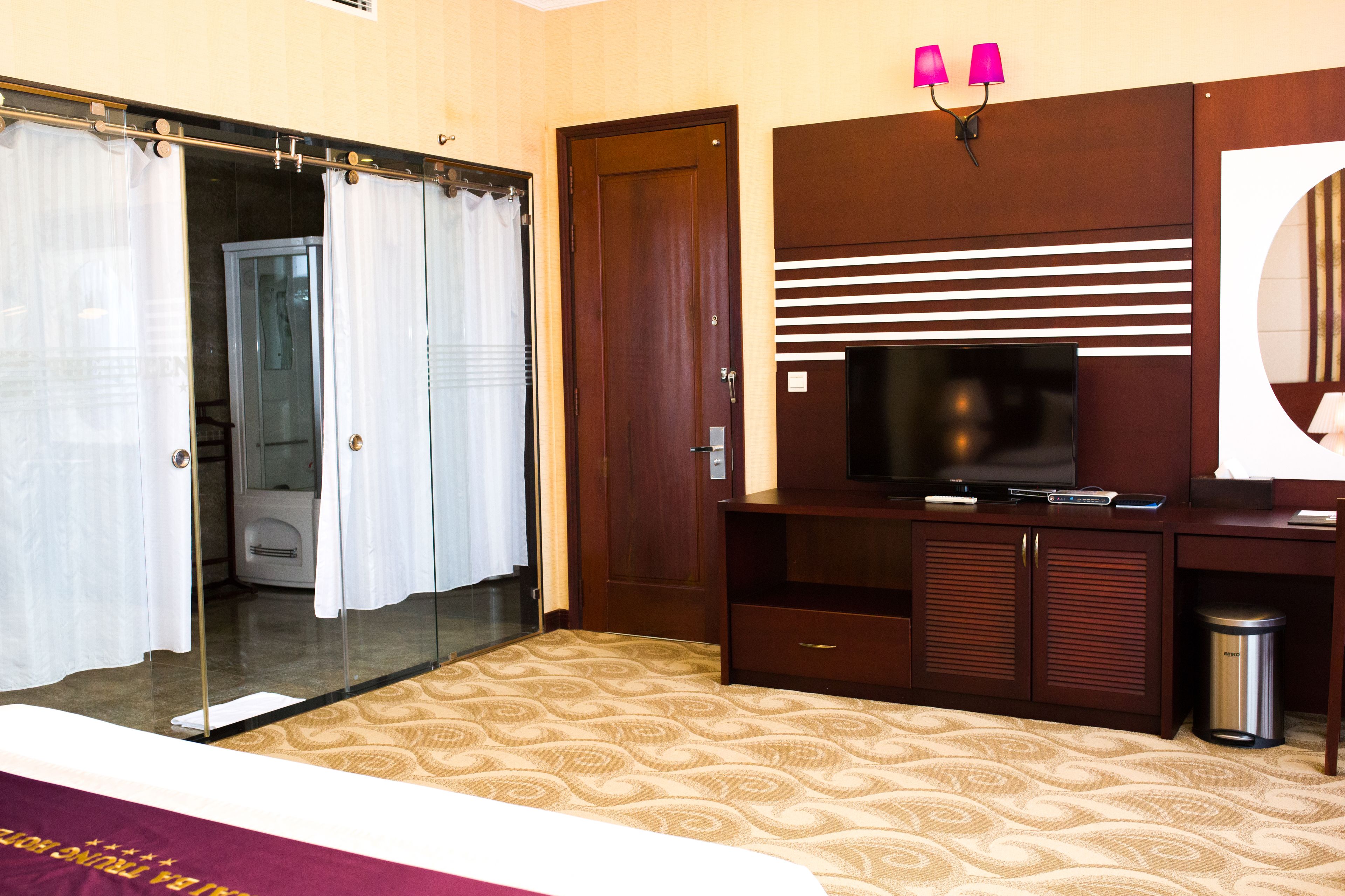 Una habitación de hotel con cama, televisión, espejo, cubo de basura y puerta.