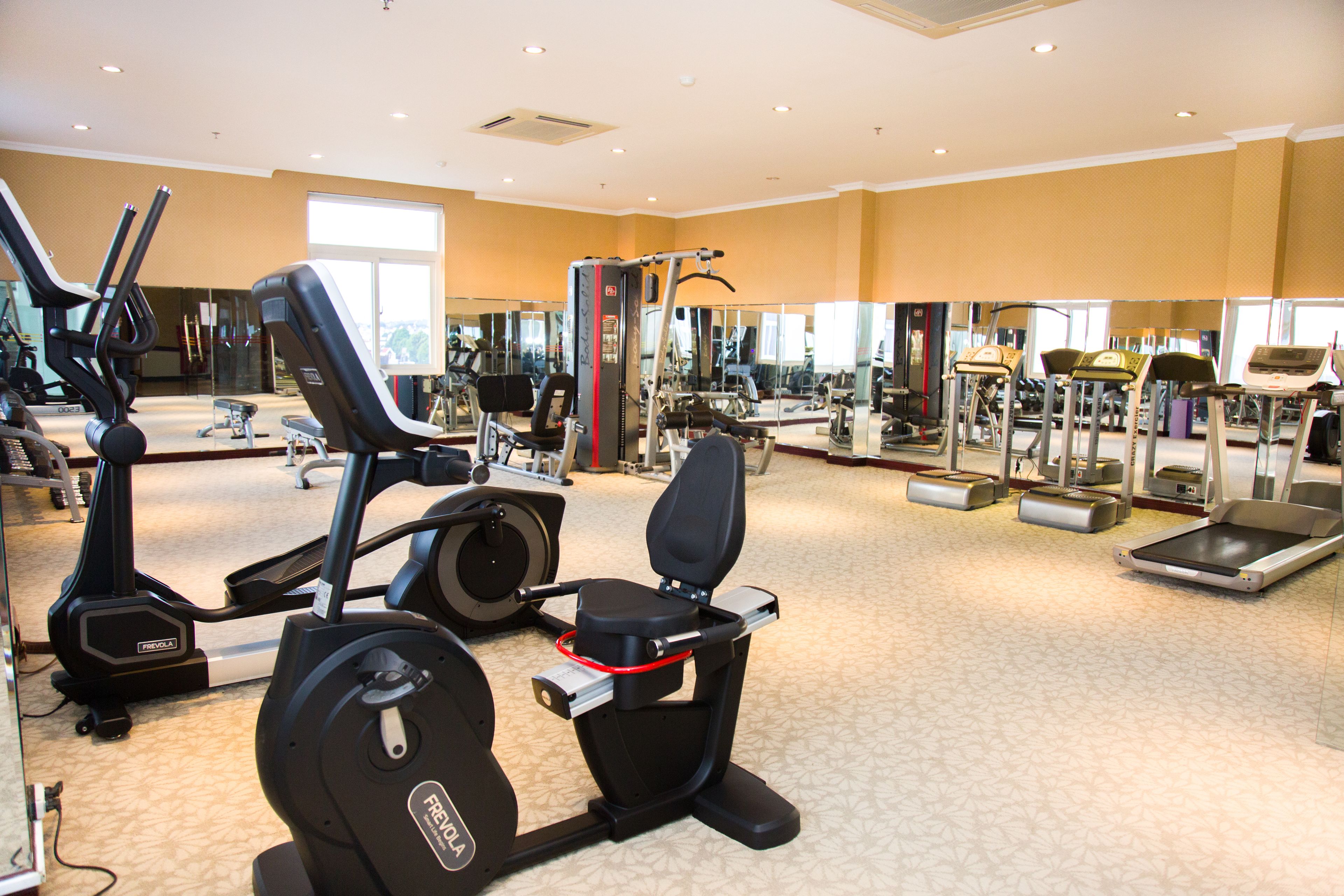 A gym with various exercise equipment, including treadmills, elliptical machines, and weight machines.