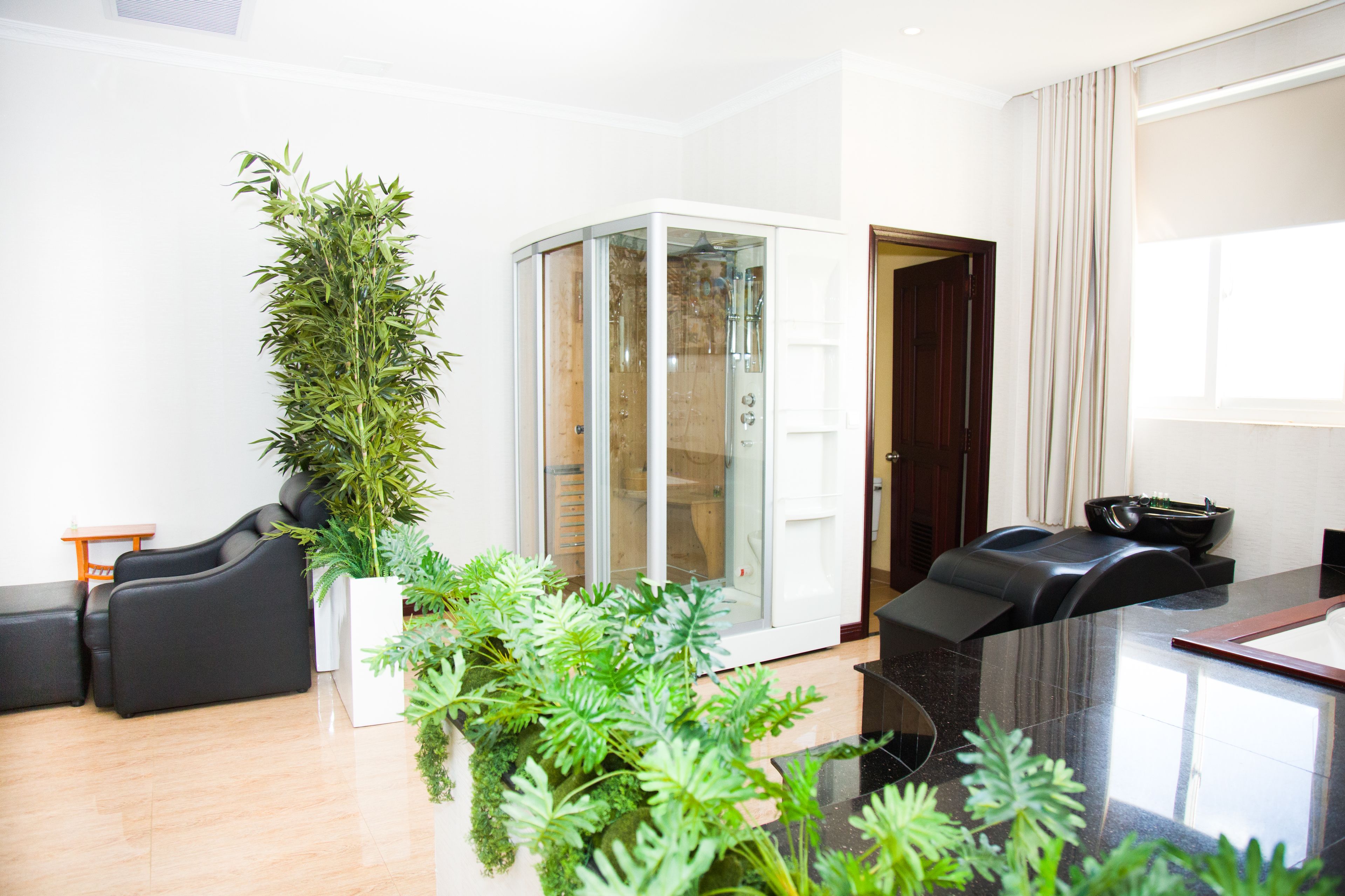 Un salon moderne doté d’un ascenseur en verre, d’un canapé noir, d’une plante en pot et d’un coin repas avec une table et des chaises noires.