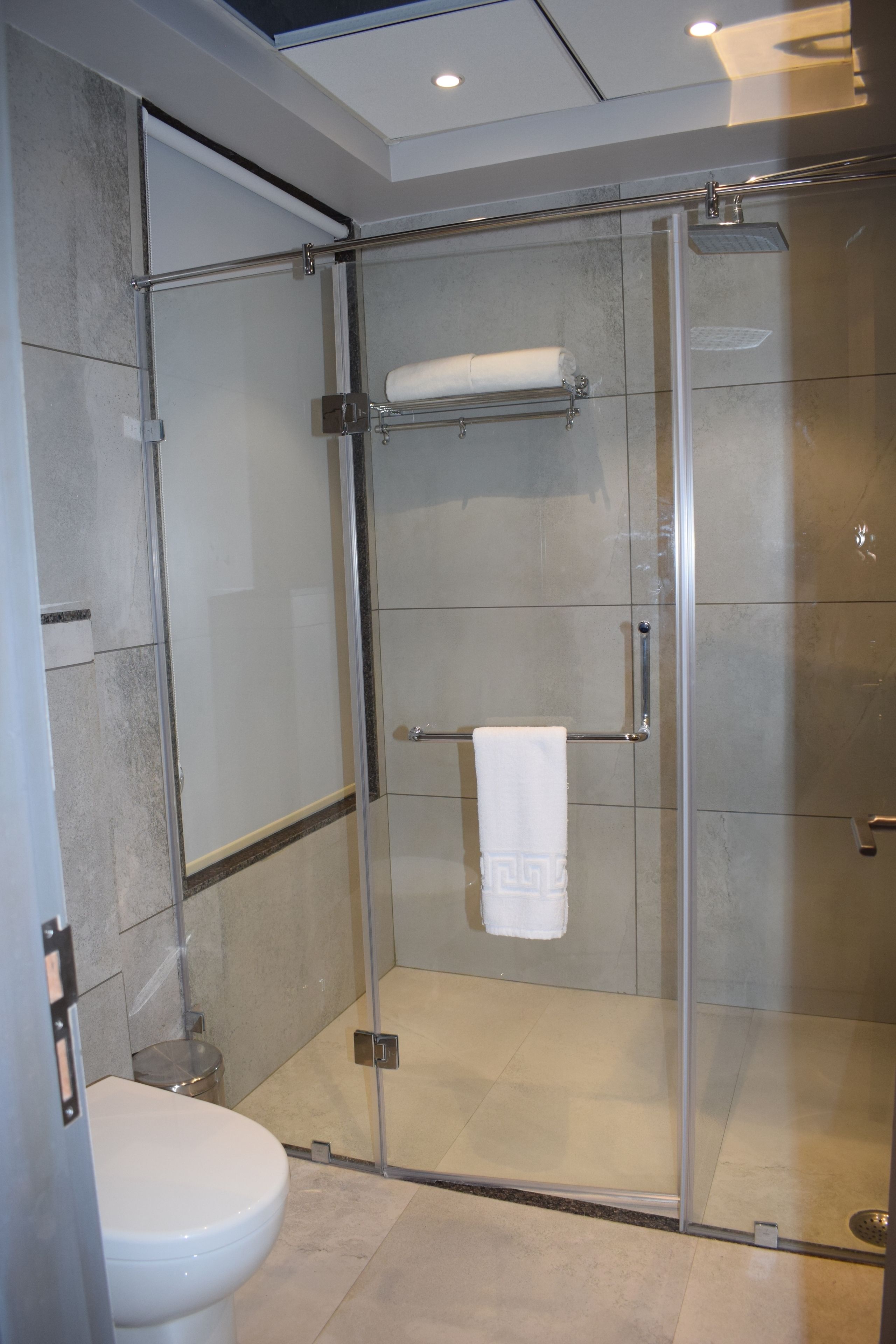 Un baño moderno con ducha de vidrio, inodoro y toallero.
