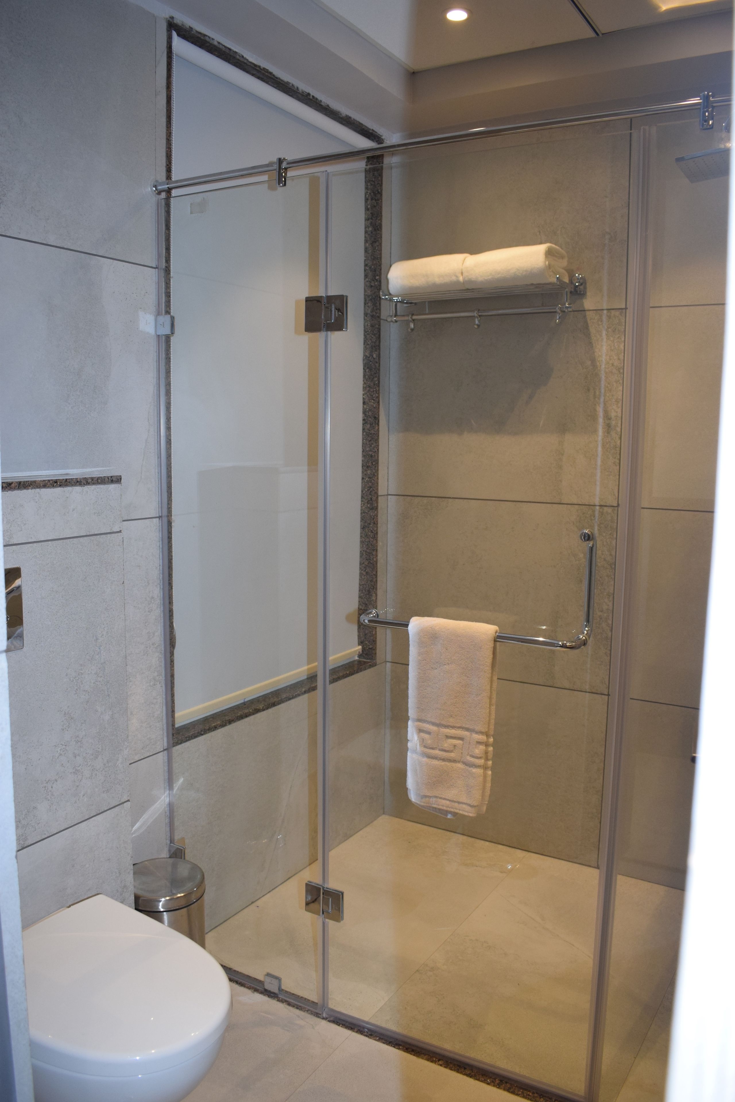 Un baño moderno con ducha de vidrio, inodoro blanco y toallero.