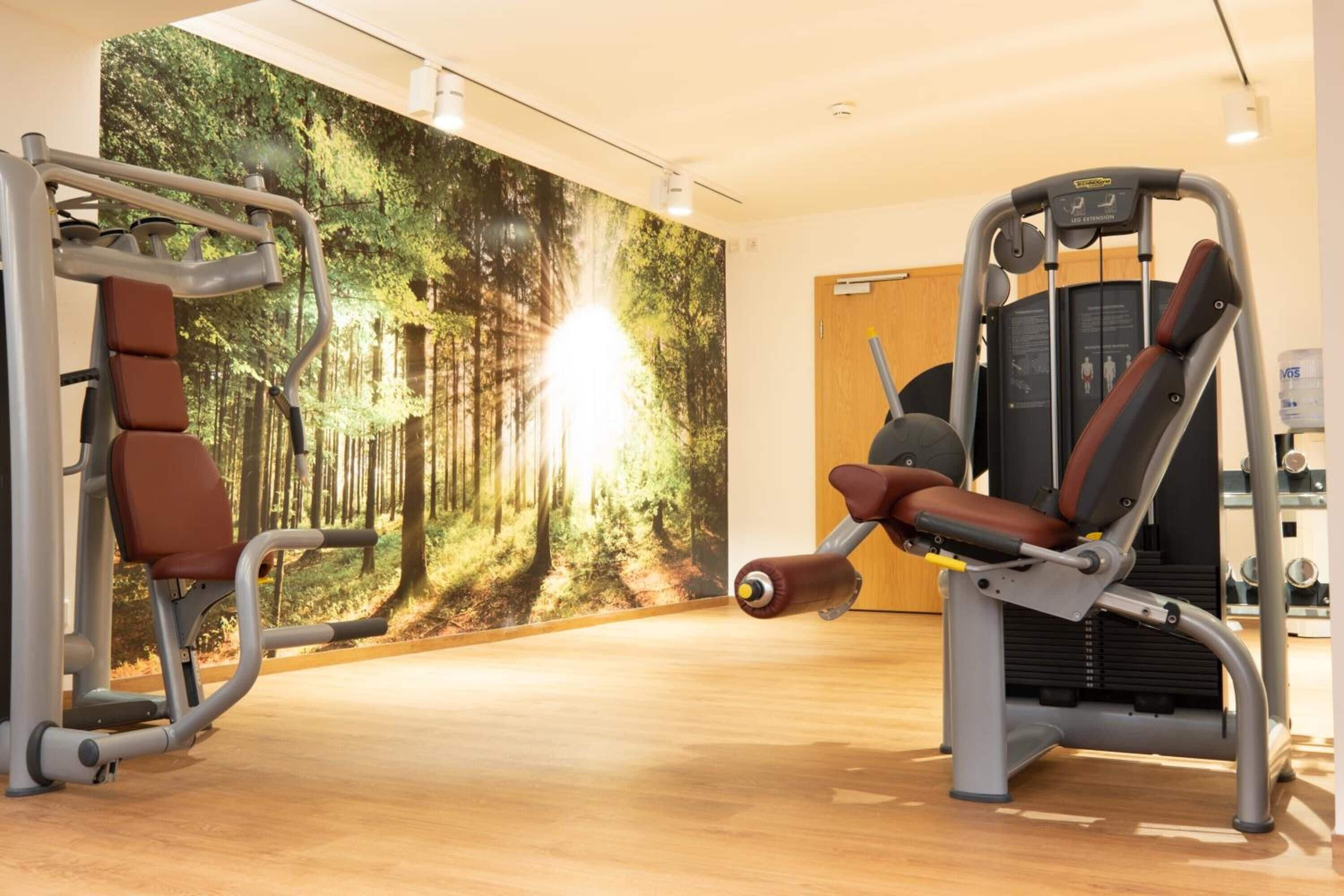 Ein Fitnessraum mit Trainingsgeräten, einer großen Waldmalerei und einem Holzboden.