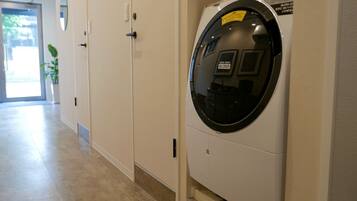 A laundry room with a front-loading washing machine, a door with a mirror, and a potted plant.