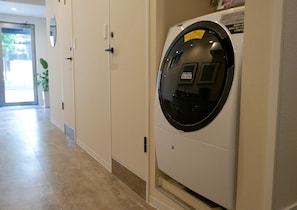 A laundry room with a front-loading washing machine, a door with a mirror, and a potted plant.
