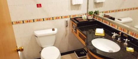 A bathroom with a toilet, sink, and mirror.