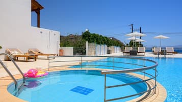 Seasonal outdoor pool, pool umbrellas, pool loungers