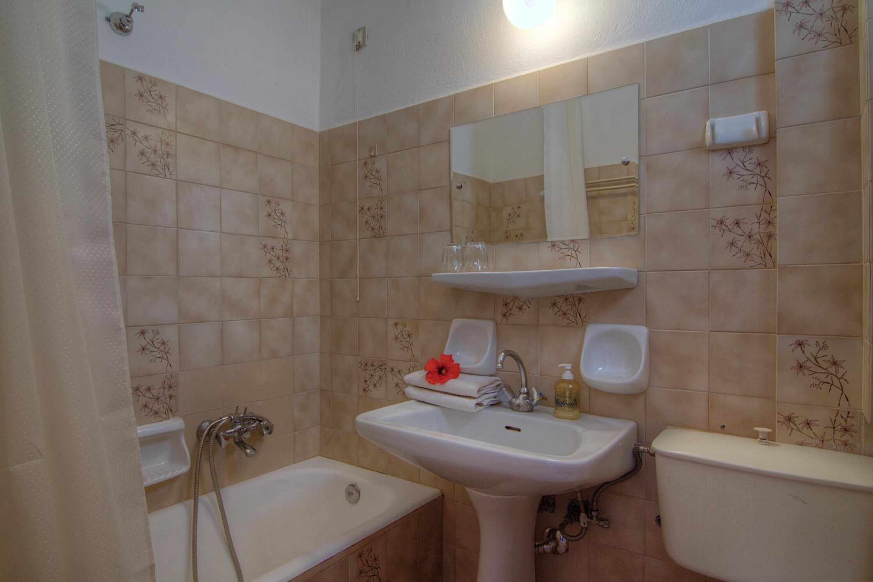 A bathroom with a bathtub, a sink, a toilet, and a mirror.