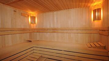 A sauna with wooden walls and benches, a sloped floor, and wall-mounted lights.