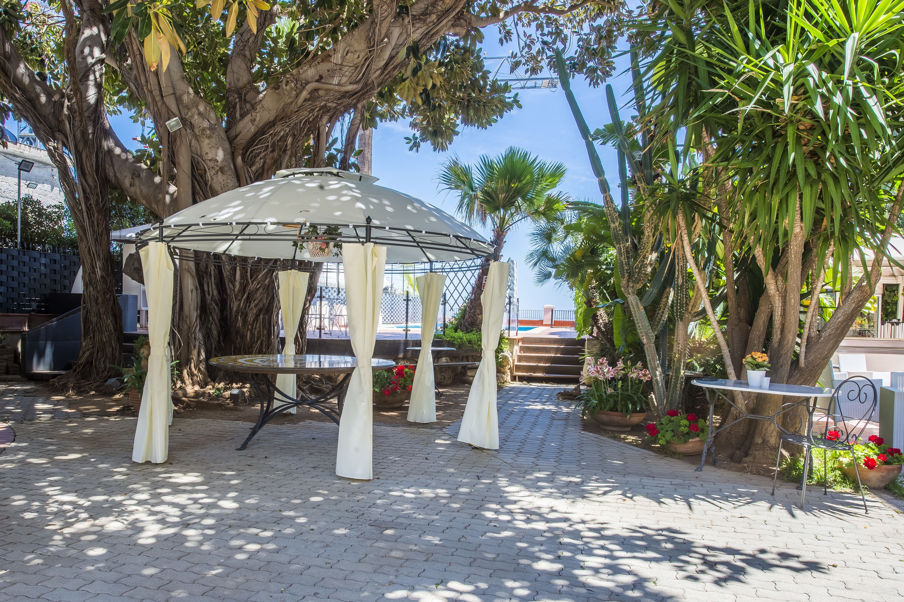 Un gazebo con tavolo e sedie, circondato da piante in vaso e alberi.